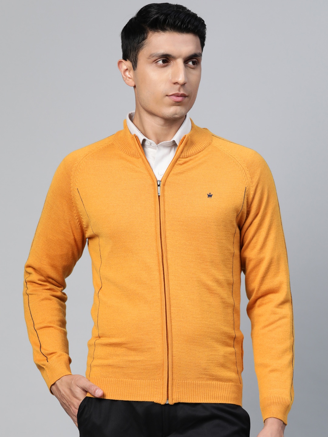 

Louis Philippe Men Mustard Yellow Solid Cardigan Sweater