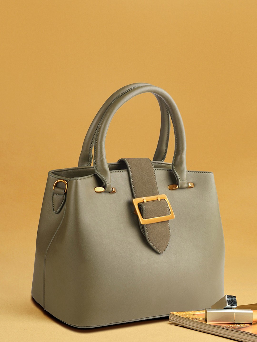 

Mast & Harbour Women Olive Green Structured Handheld Bag