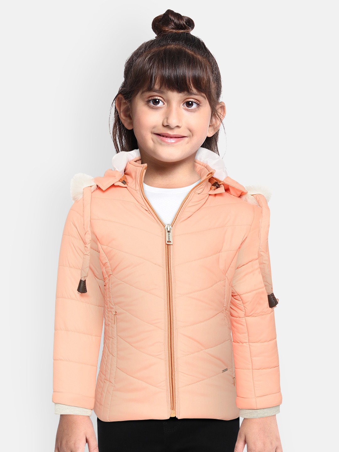 

Okane Girls Peach-Coloured Solid Faux Fur Trimmed Parka Jacket with Detachable Hood