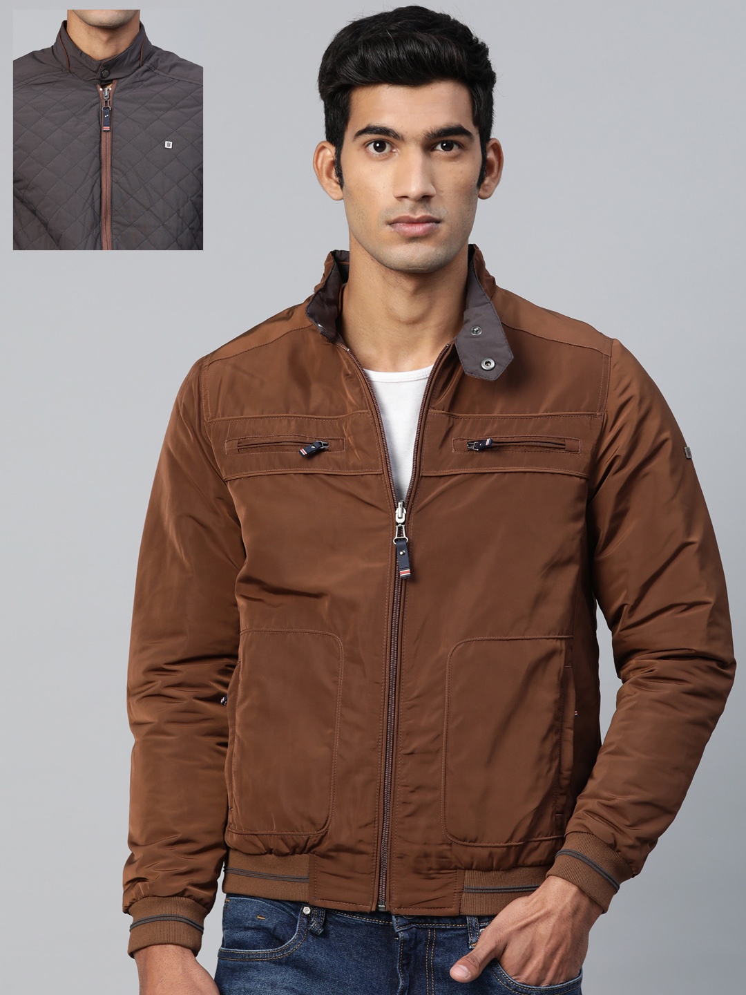 

Louis Philippe Sport Men Brown & Taupe Solid Reversible Quilted Jacket