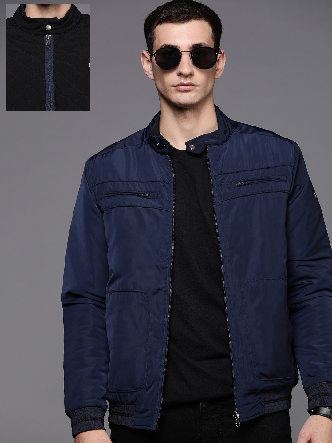 

Louis Philippe Sport Men Navy Blue Reversible Bomber Jacket