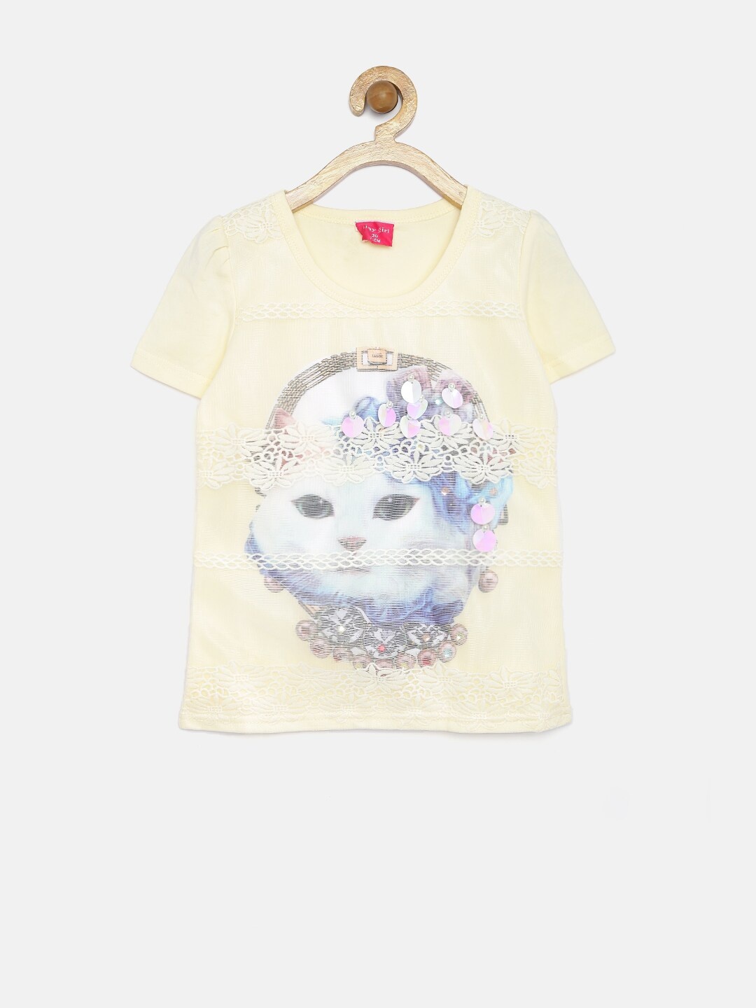 

Tiny Girl Yellow Cat Print Crochet Mesh Top