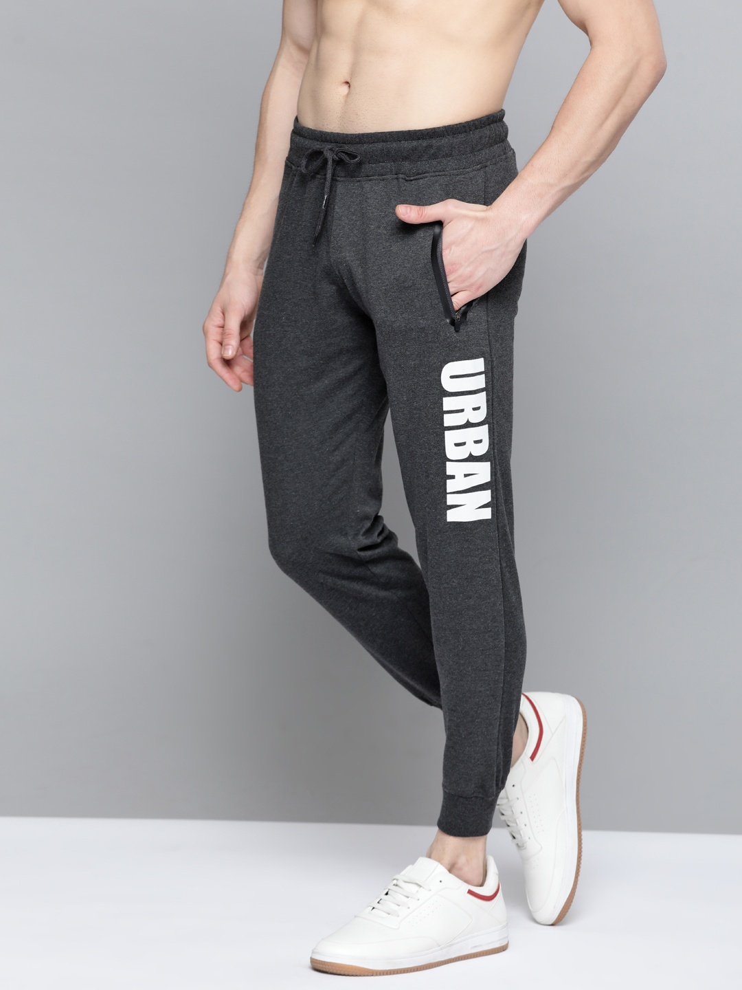 

HERE&NOW Men Charcoal Grey Solid Joggers with Printed Detailing