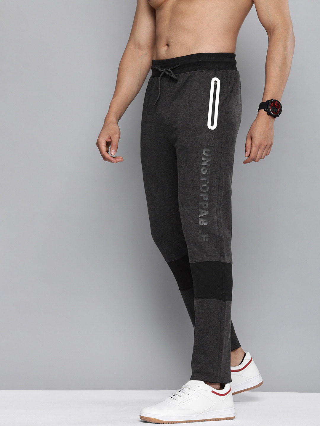 

HERE&NOW Men Charcoal Grey & Black Colourblocked Pure Cotton Track Pants