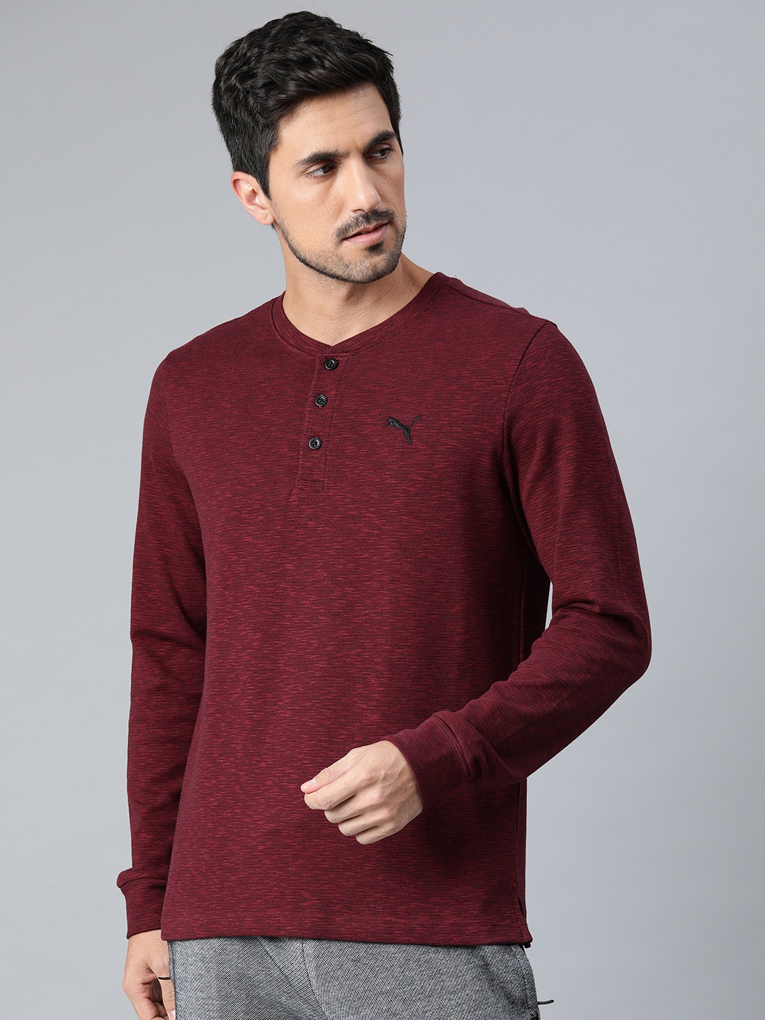 

Puma Men Maroon Self Design Henley LS Crew Neck T-shirt