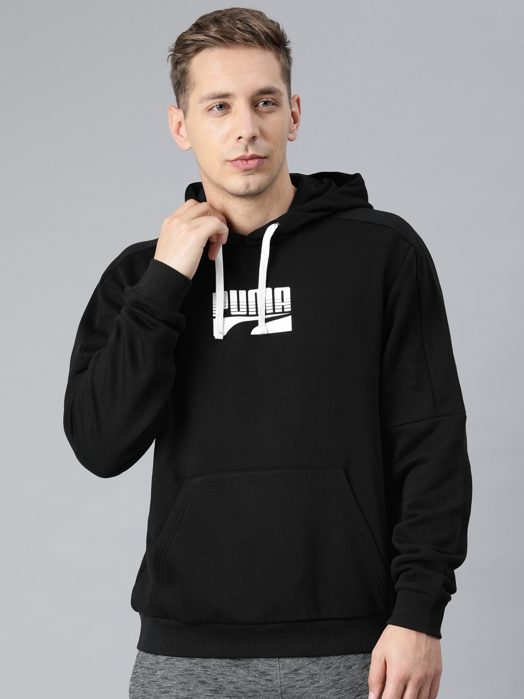 

Puma Men Black Brand Logo Printed Rebel Block Hoody FL Pullover Sweatshirt