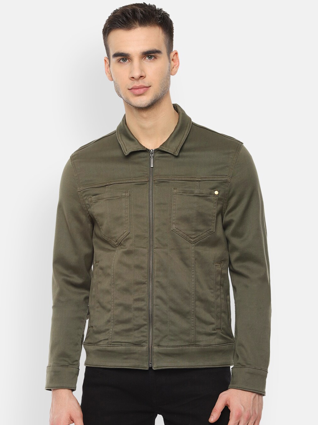 

Louis Philippe Jeans Men Olive Green Checked Tailored Jacket