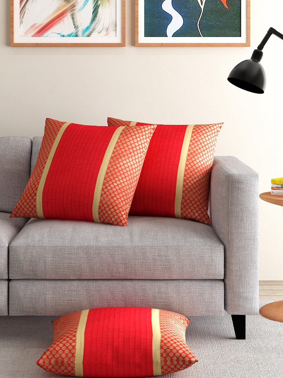 ANS Red Set of 3 Brocade 16'' x 16'' Square Cushion Covers
