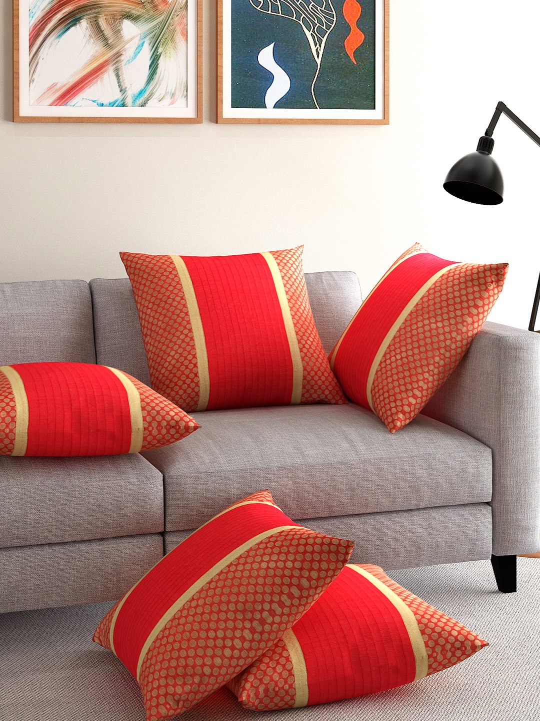 ANS Red Set of 5 Brocade 16'' x 16'' Square Cushion Covers