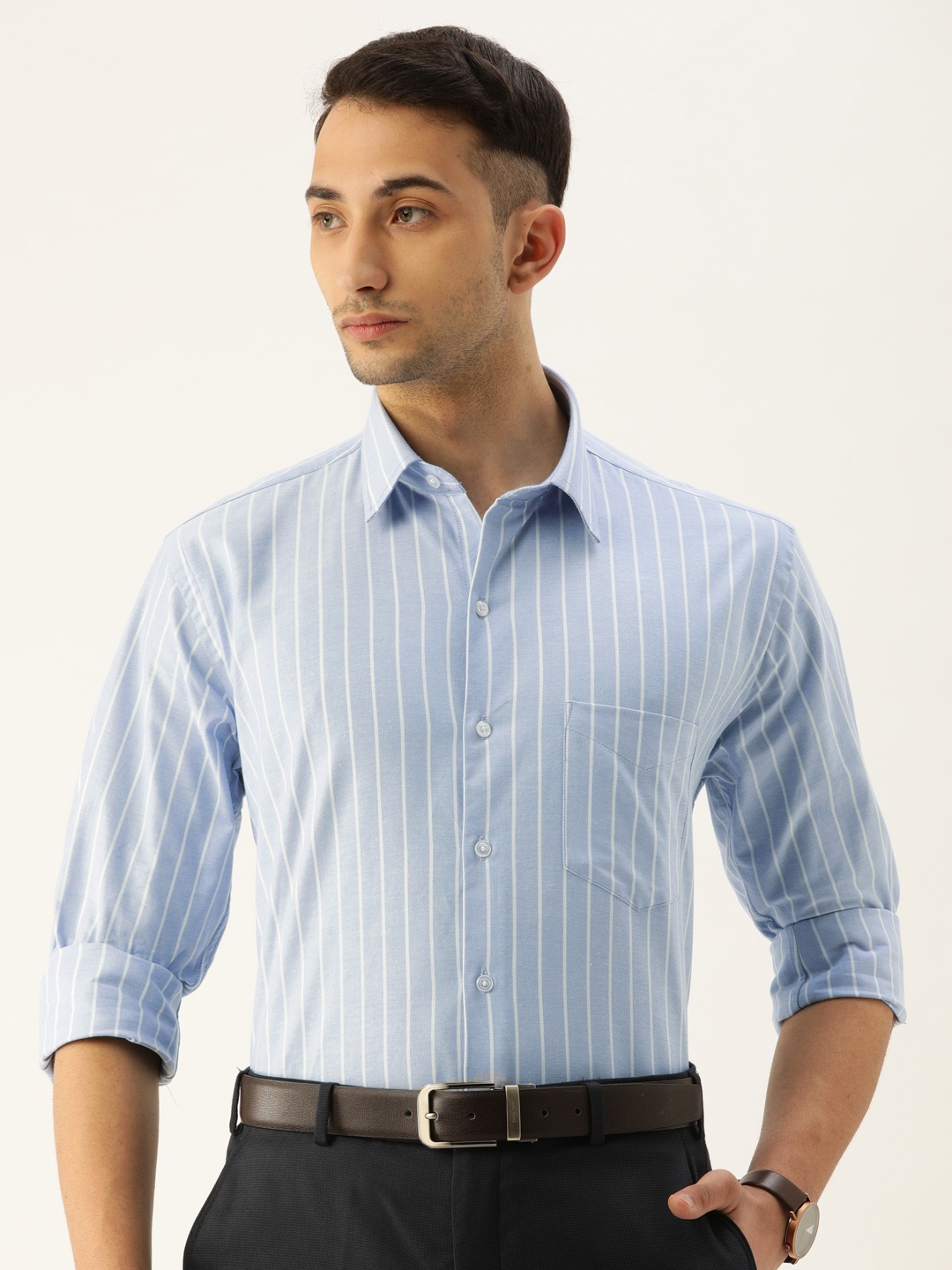 

Hancock Men Blue & White Slim Fit Oxford Striped Formal Shirt