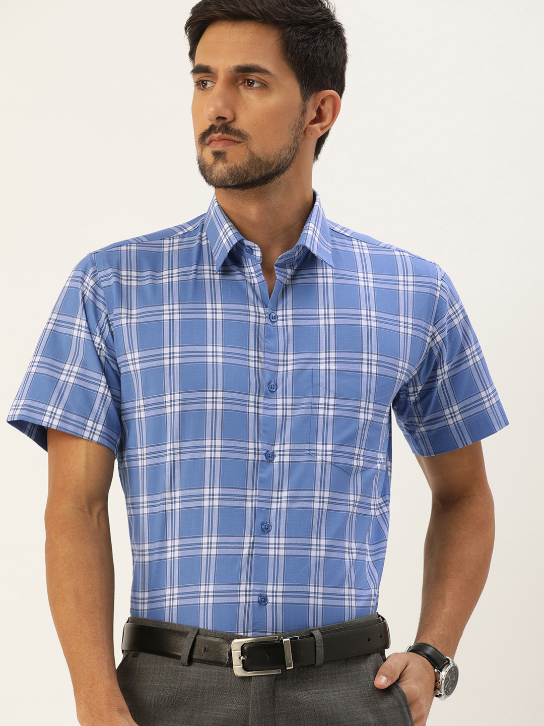 

Hancock Men Blue & White Slim Fit Checked Formal Shirt