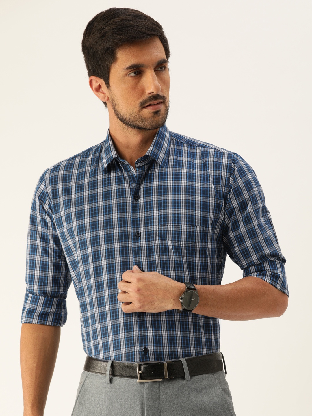 

Hancock Men Navy Blue & White Slim Fit Checked Formal Shirt
