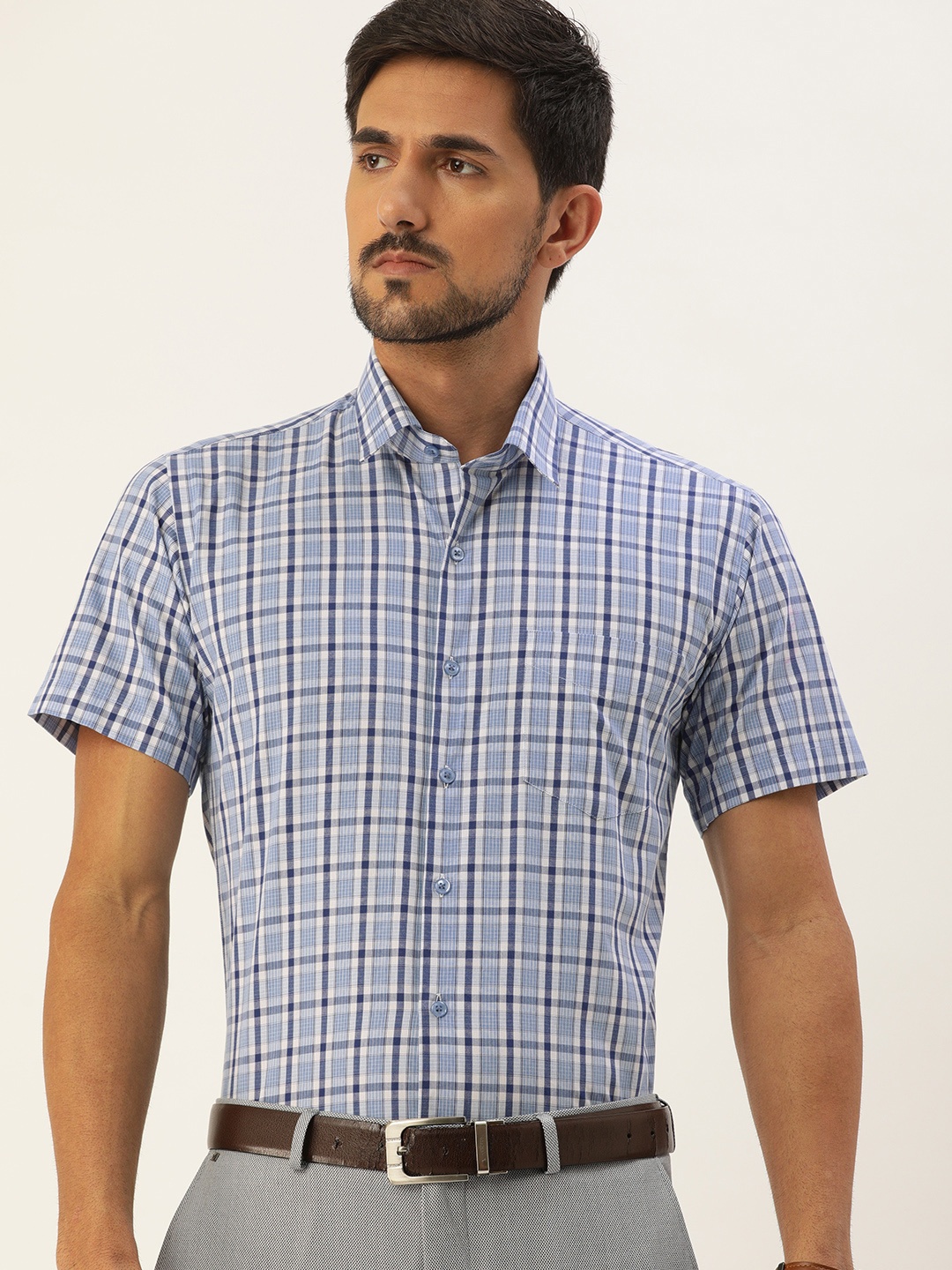 

Hancock Men Blue & White Slim Fit Checked Formal Shirt