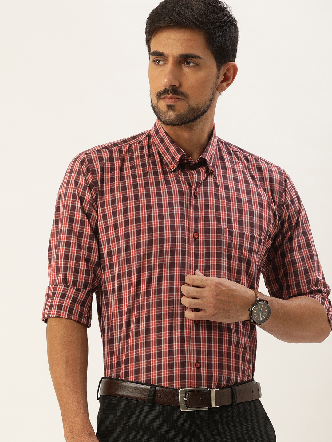 

Hancock Men Orange & Burgundy Slim Fit Checked Formal Shirt