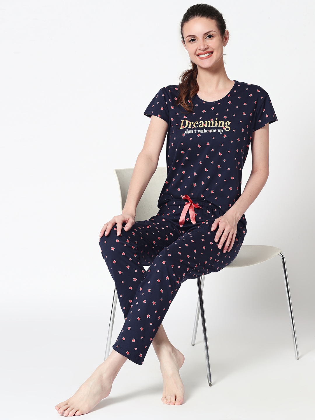 

Zeyo Women Navy Blue Printed Night suit