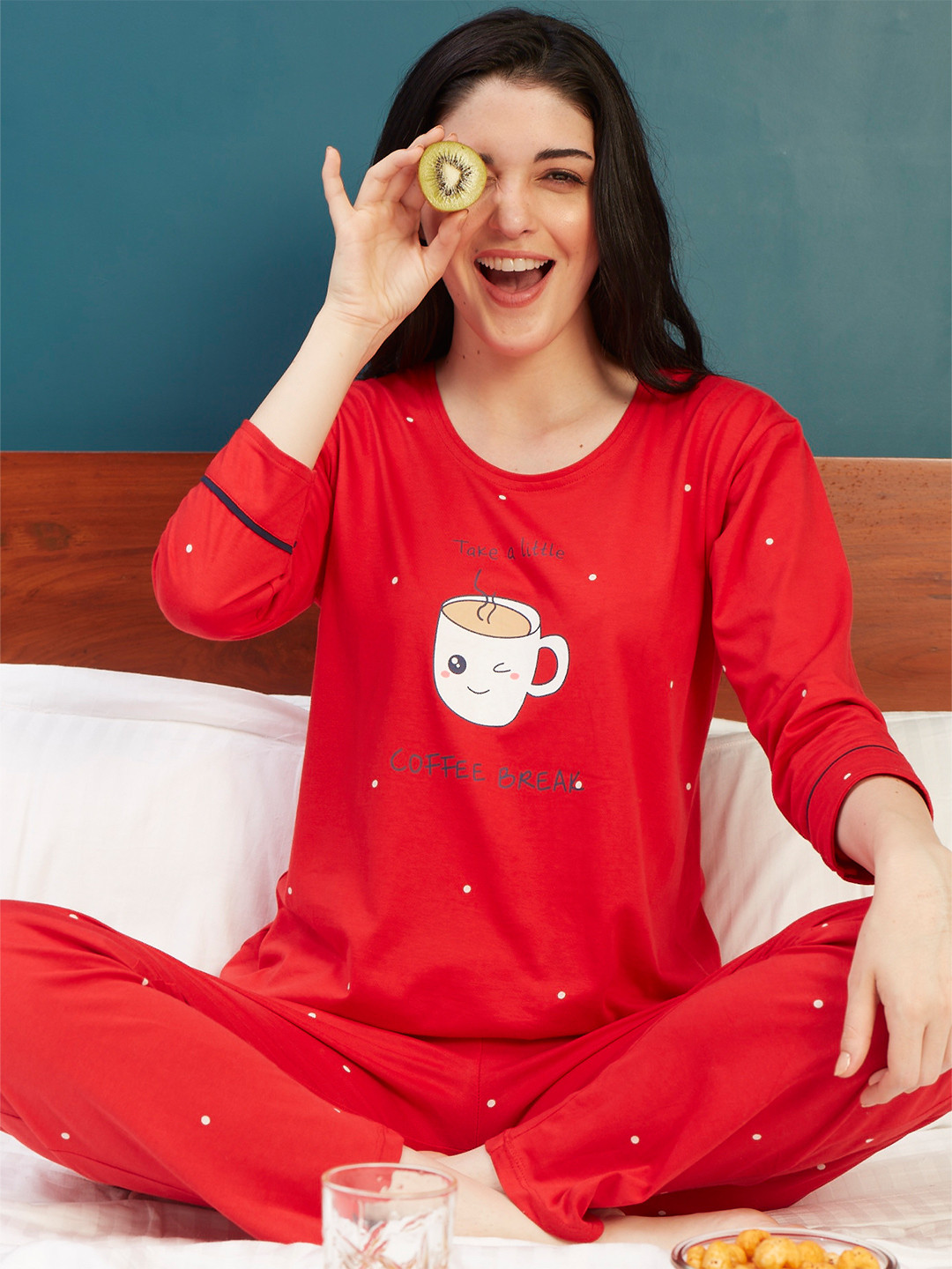 

Zeyo Women Red Printed Night suit
