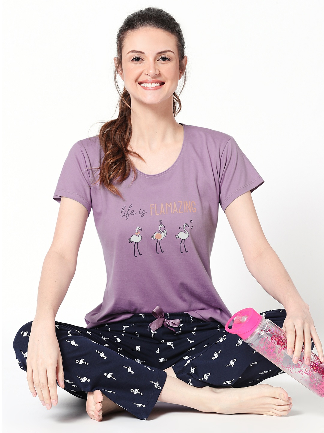 

Zeyo Women Purple & Navy Blue Printed Night suit