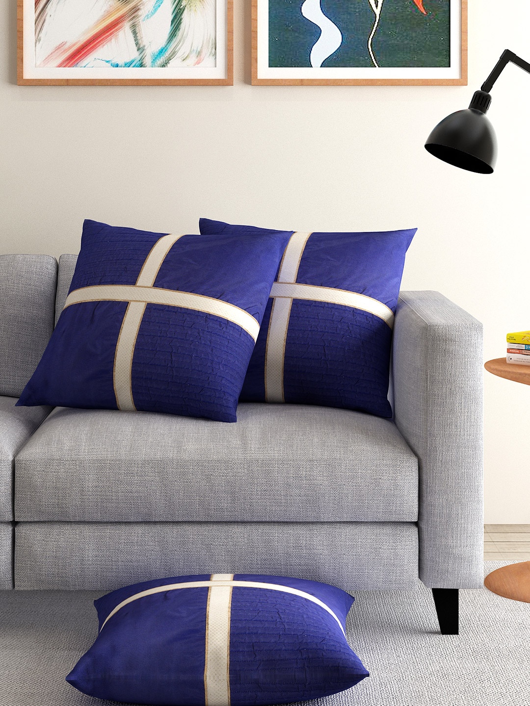 ANS Navy Set of 3 Brocade 16'' x 16'' Square Cushion Covers, Navy blue