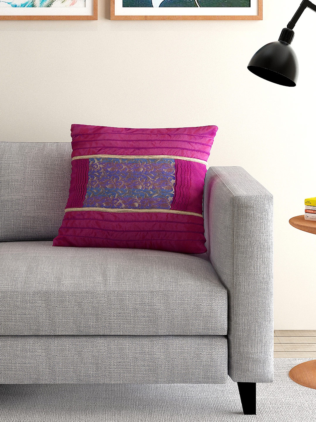 

ANS Purple Dual-Toned Single Floral Chanderi 16'' x 16'' Square Cushion Cover