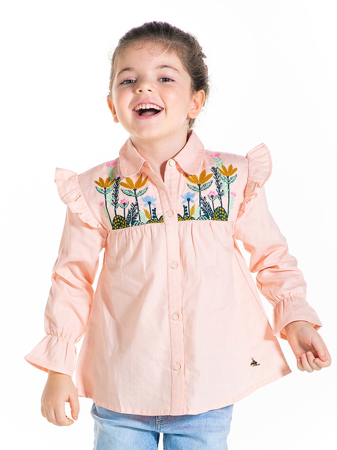 

Cherry Crumble Girls Peach-Coloured Embroidered Shirt Style Top