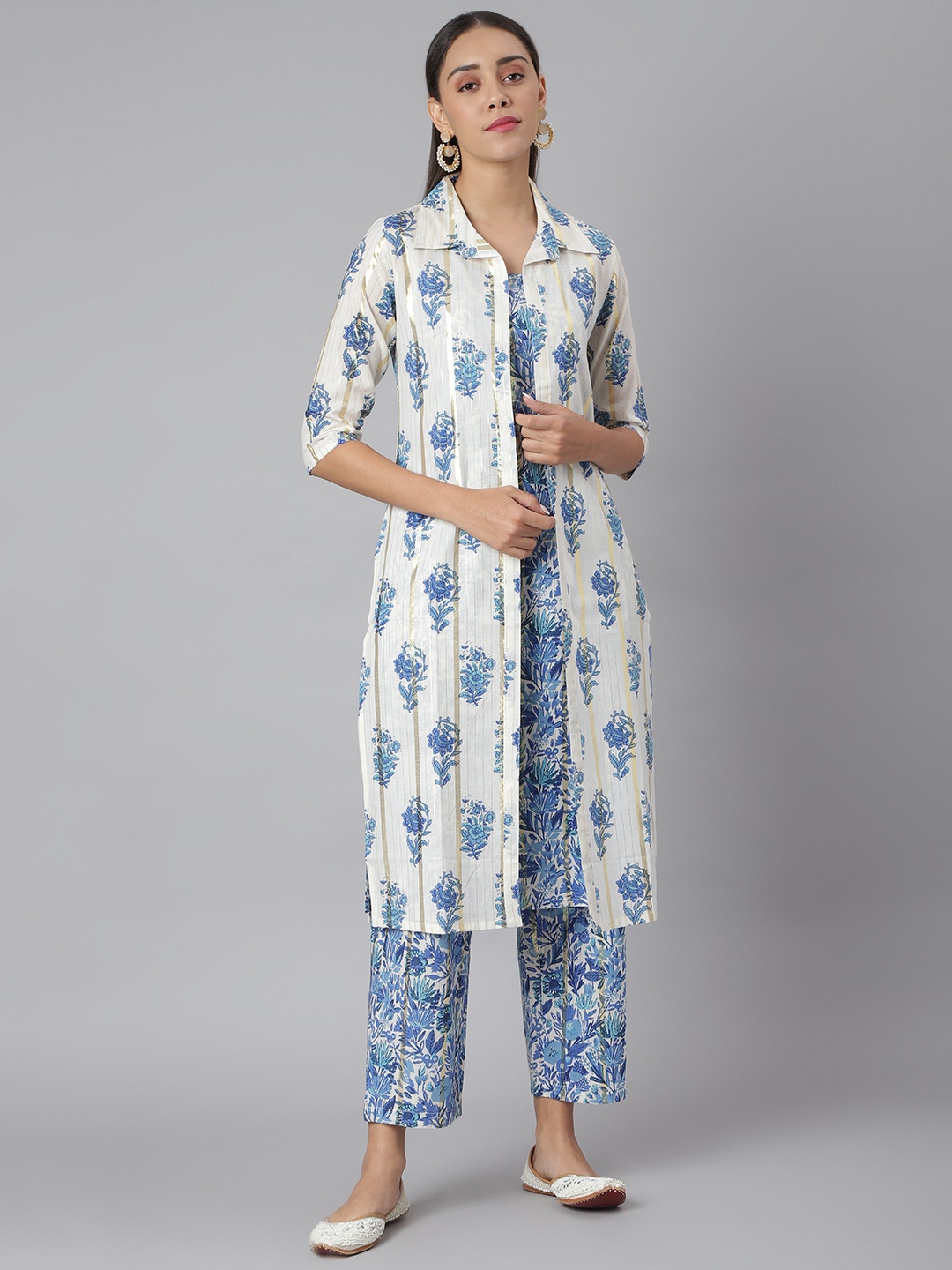 

Khushal K Women Blue & White Printed Kurta with Palazzos & Jacket