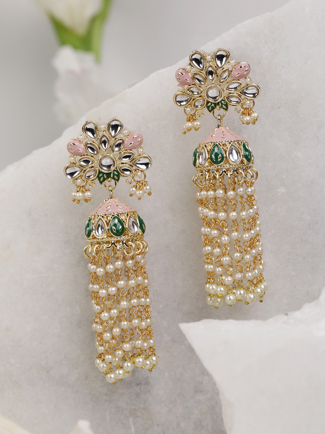 

Priyaasi Pink & Green Gold-Plated Meenakari Kundan Studded & Beaded Dome Shaped Jhumkas