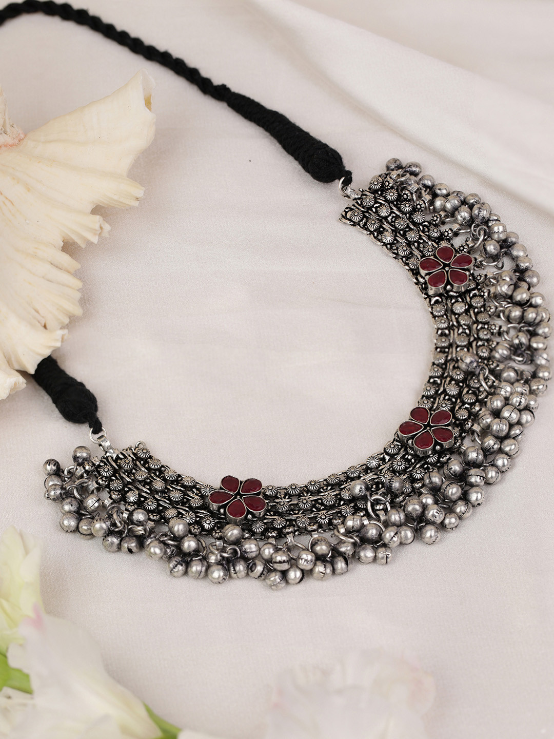 

Ruby and Studded Silver Oxidised Necklace