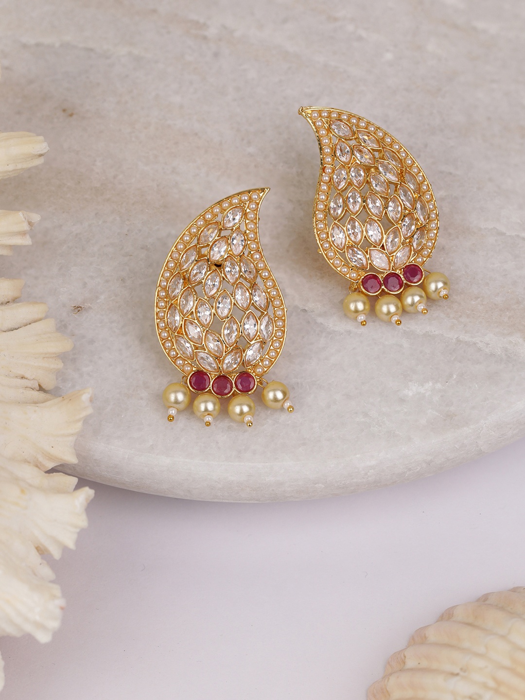 

Priyaasi Gold-Plated Kundan Studded & Beaded Handcrafted Paisley Shaped Drop Earrings