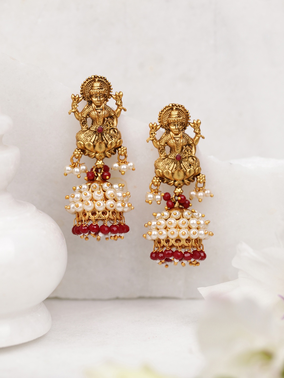 

Priyaasi Maroon & White Gold-Plated Handcrafted Beaded Goddess Laxmi Shaped Drop Earrings