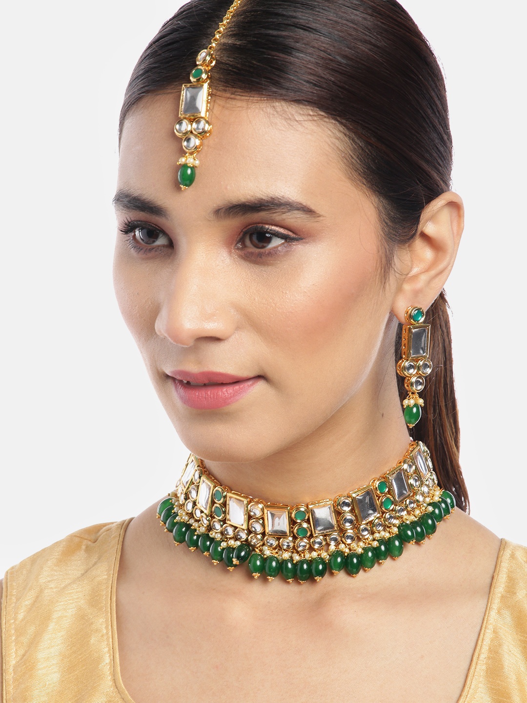 Priyaasi Green Gold-Plated Kundan & Emerald Studded Handcrafted Choker Jewellery Set