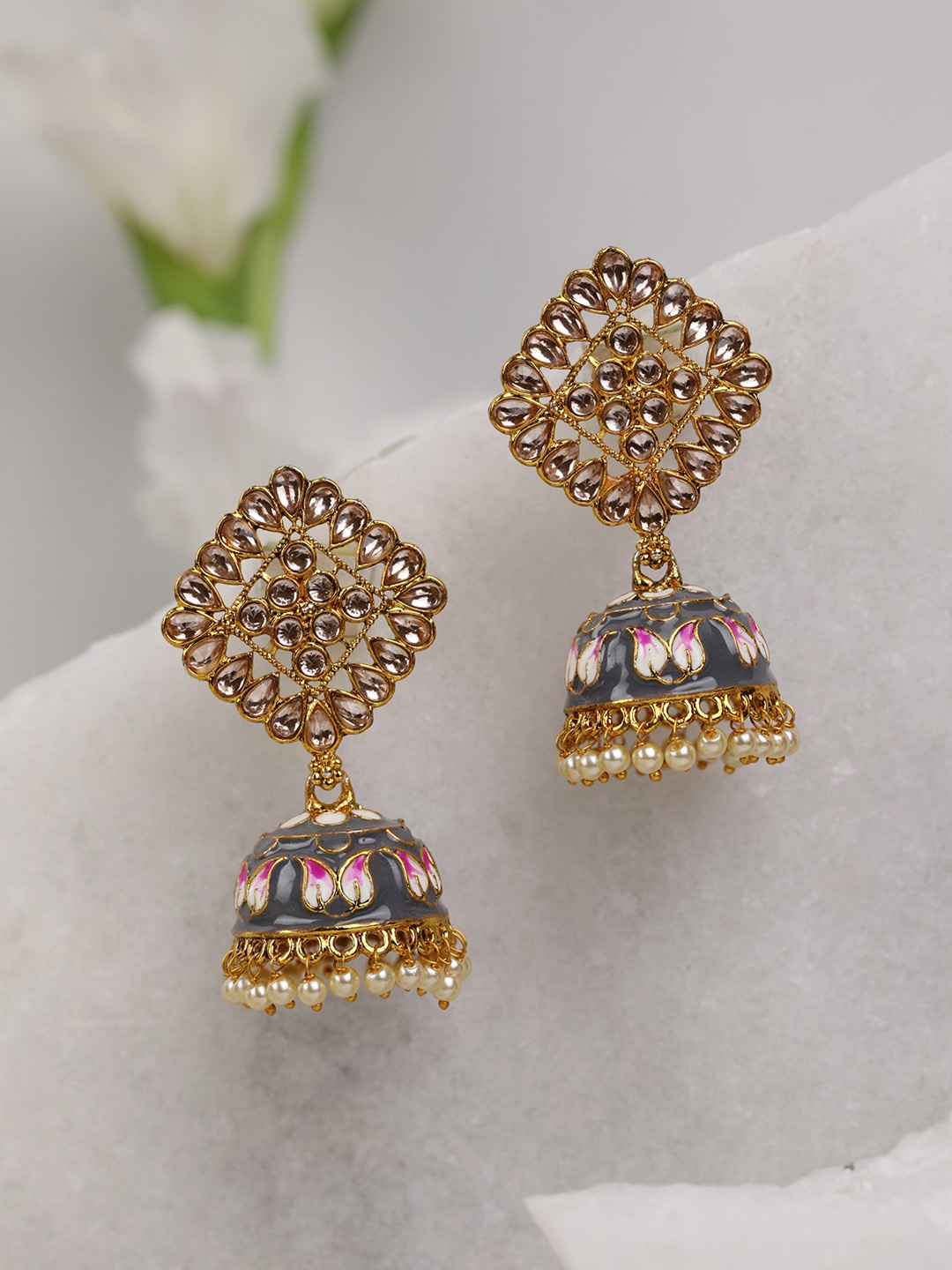 

Priyaasi Grey & Pink Gold-Plated Enamelled Kundan Studded Handcrafted Dome Shaped Jhumkas