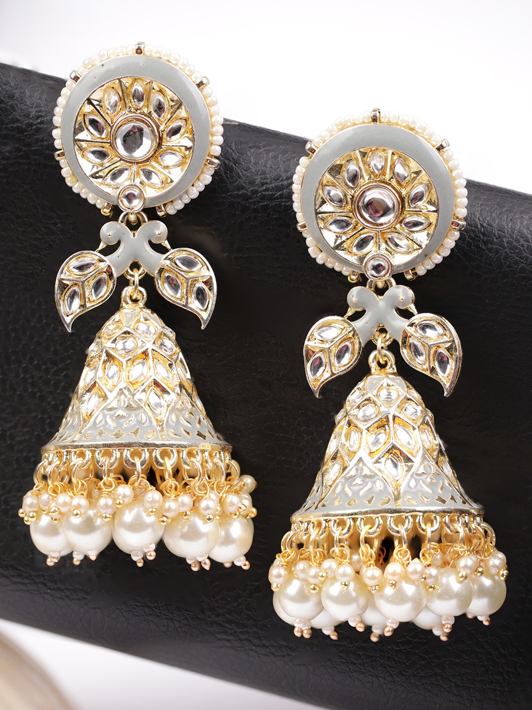 

Priyaasi Grey Gold-Plated Meenakari Kundan Studded & Beaded Dome Shaped Jhumkas