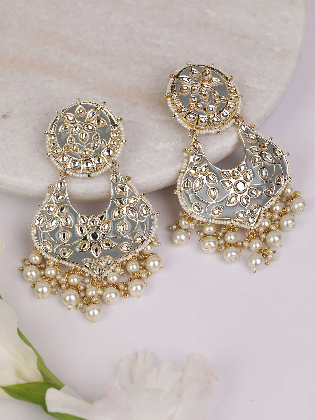 

Priyaasi Grey Gold-Plated Enamelled Kundan Studded Handcrafted Classic Drop Earrings