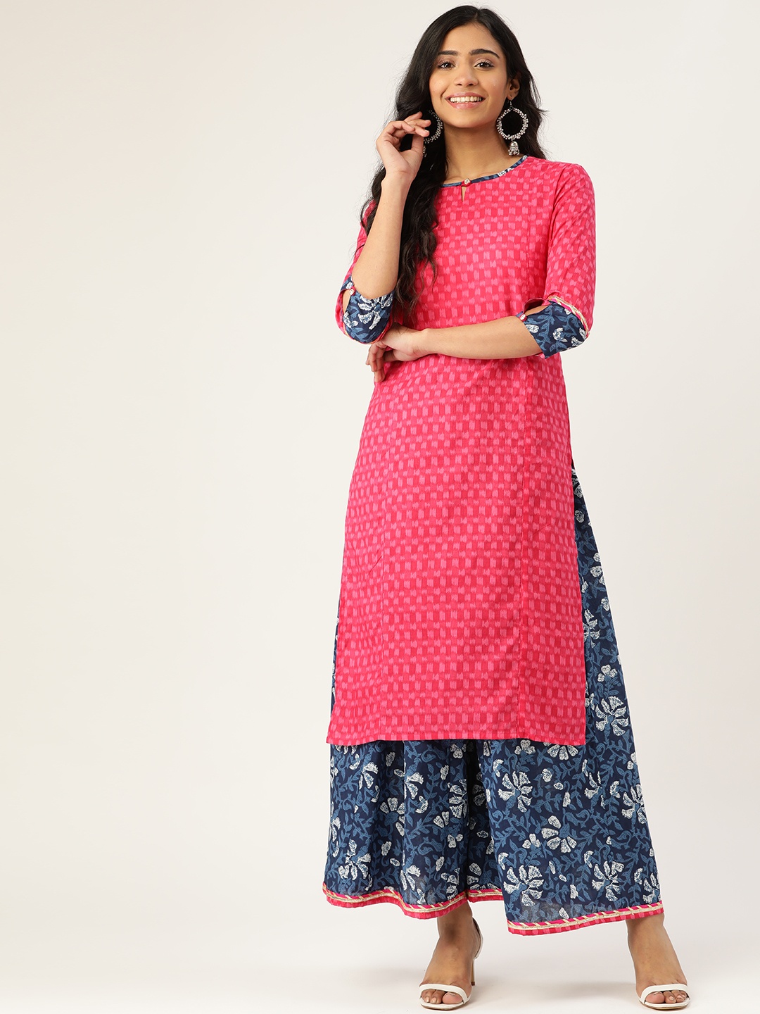 

FABRIC FITOOR Women Pink & Navy Blue Cotton Printed Kurta with Palazzos
