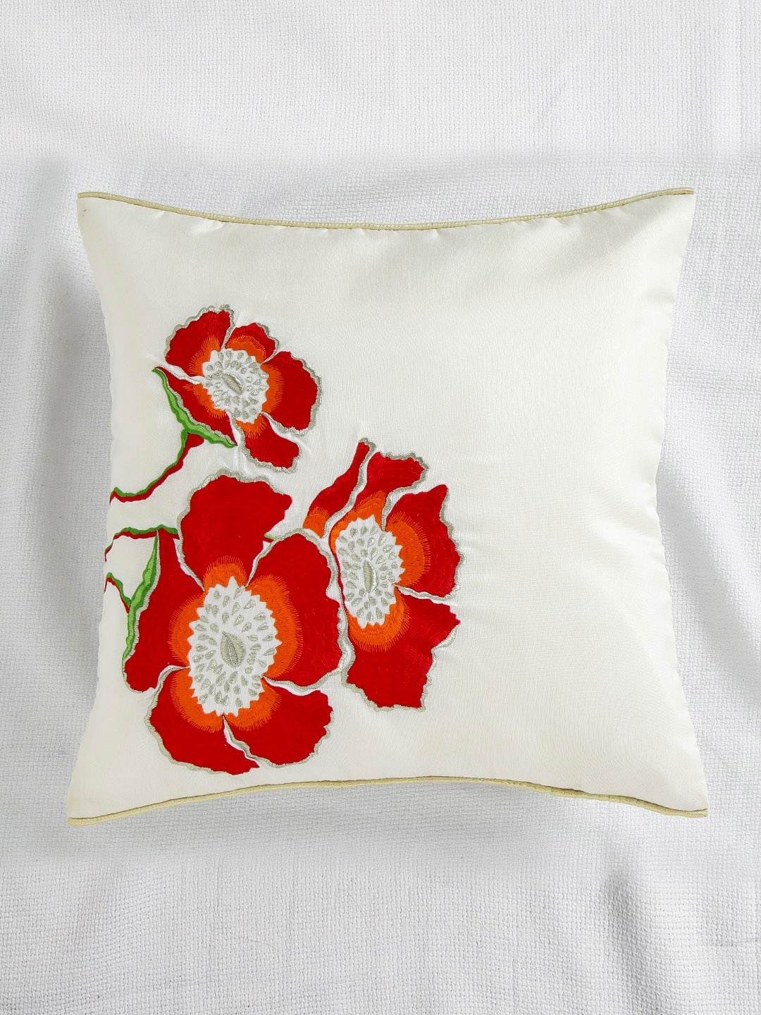 

ANS Off-White Single Floral Embroidered 16'' x 16'' Square Cushion Cover