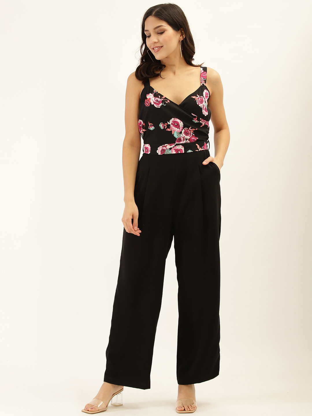 

Antheaa Women Black & Pink Floral Printed Basic Jumpsuit