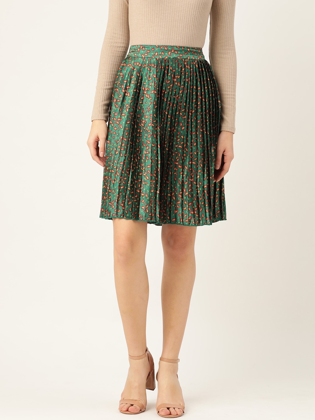 

Antheaa Women Green & Red Printed Accordion Pleated A-Line Flared Skirt