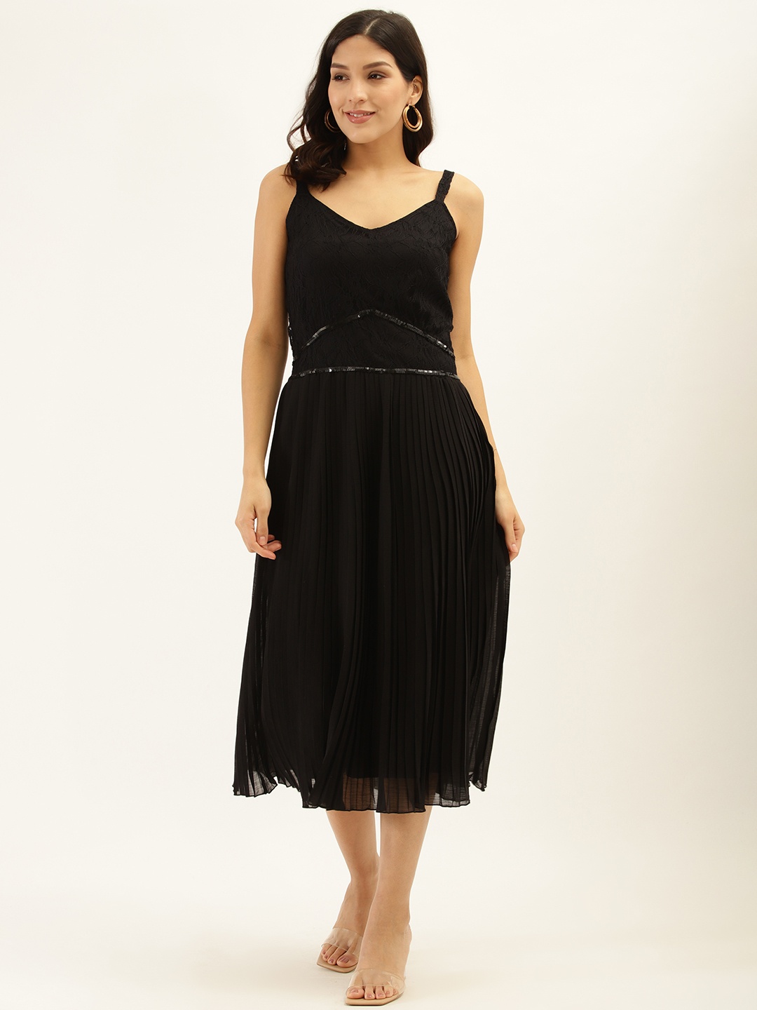 

Antheaa Women Black Self Design Accordion Pleat A-Line Dress