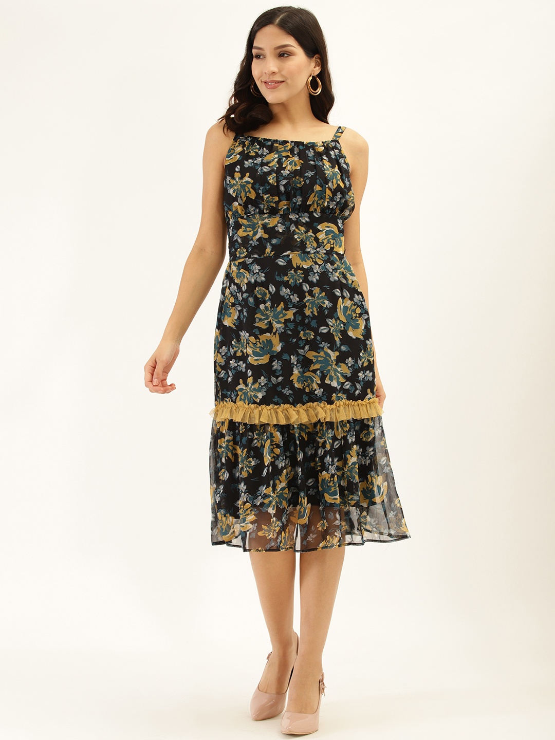 

Antheaa Women Black & Teal Floral Printed Smocked Tiered Dress