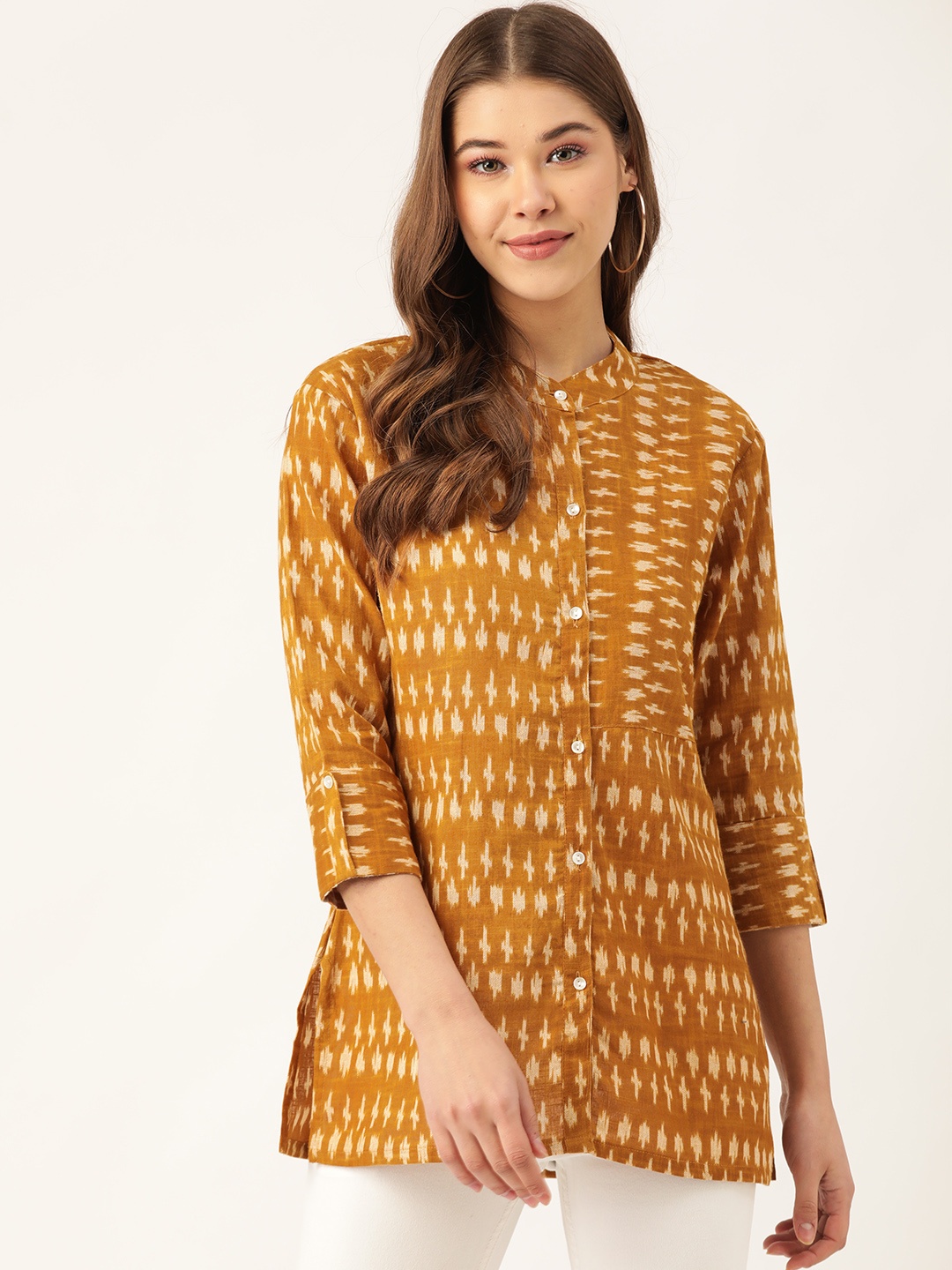 

FABRIC FITOOR Women Mustard Brown & Beige Regular Fit Ikat Print Casual Shirt