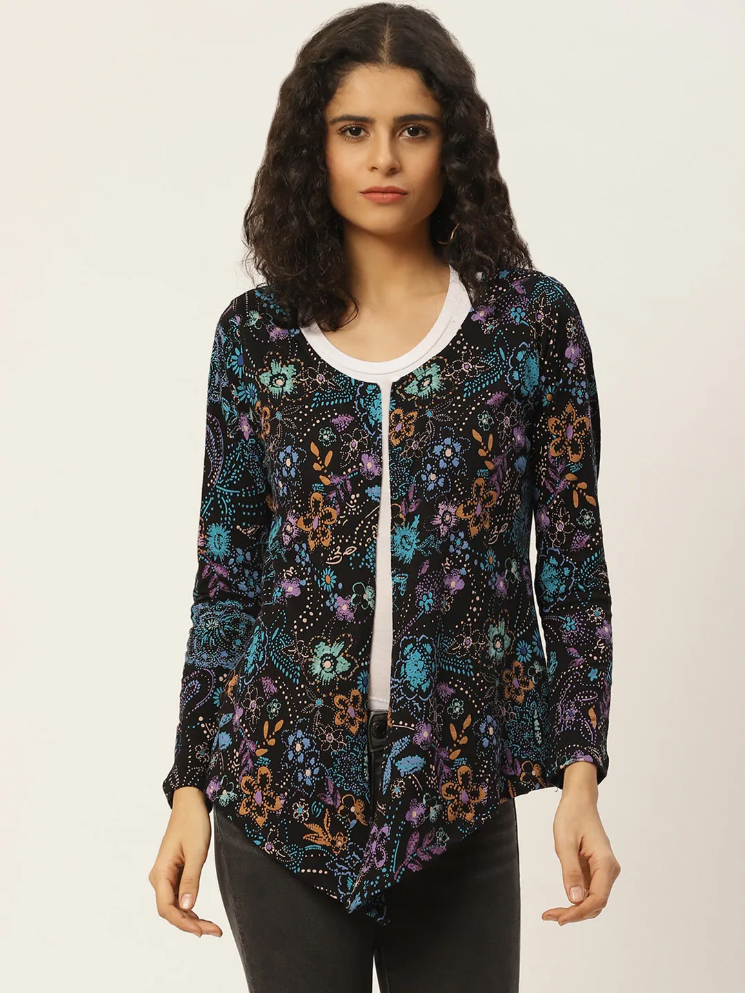 

WISSTLER Women Black & Blue Floral Print Open Front Shrug