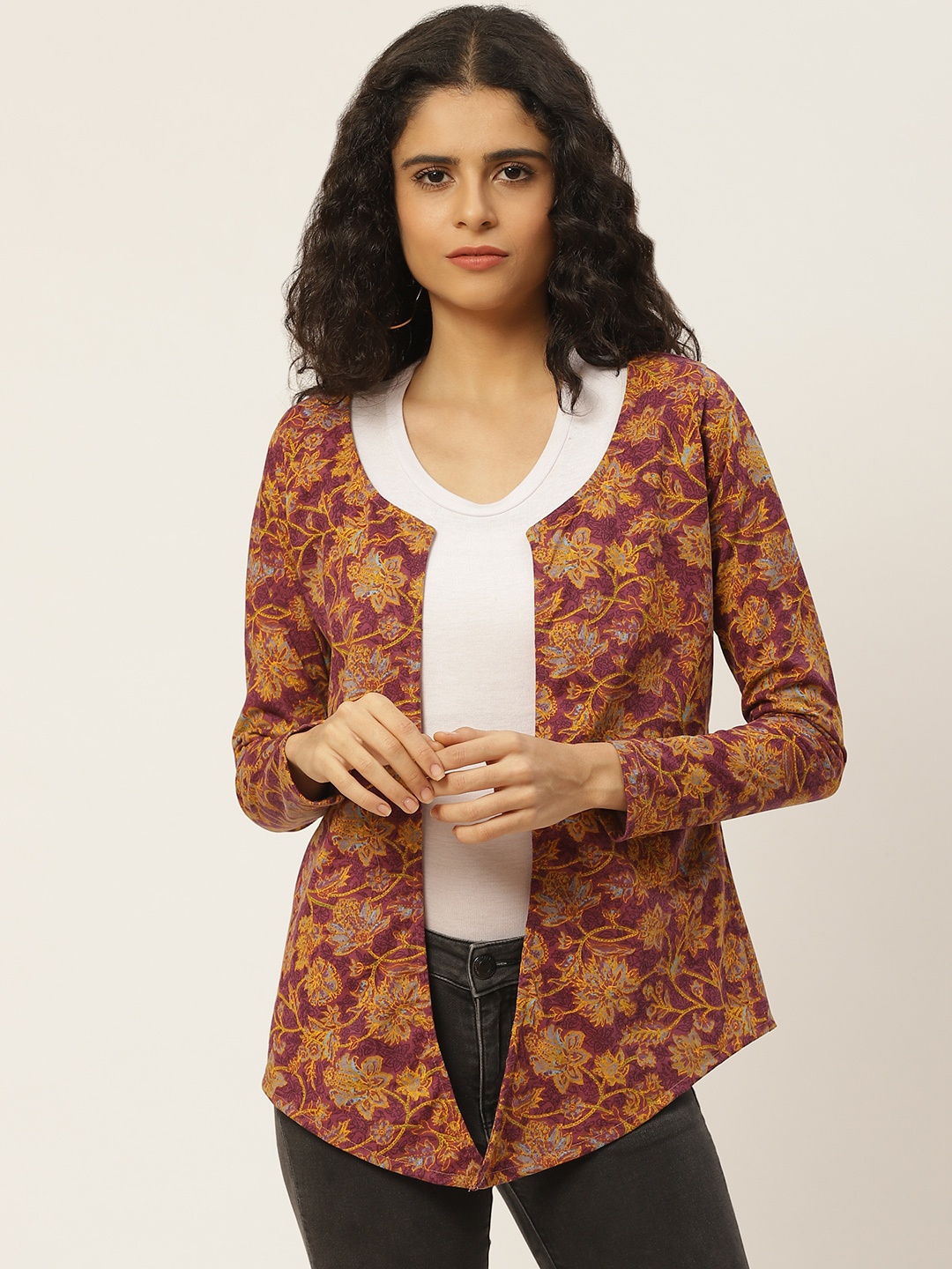 

WISSTLER Women Purple & Mustard Yellow Floral Print Open Front Shrug