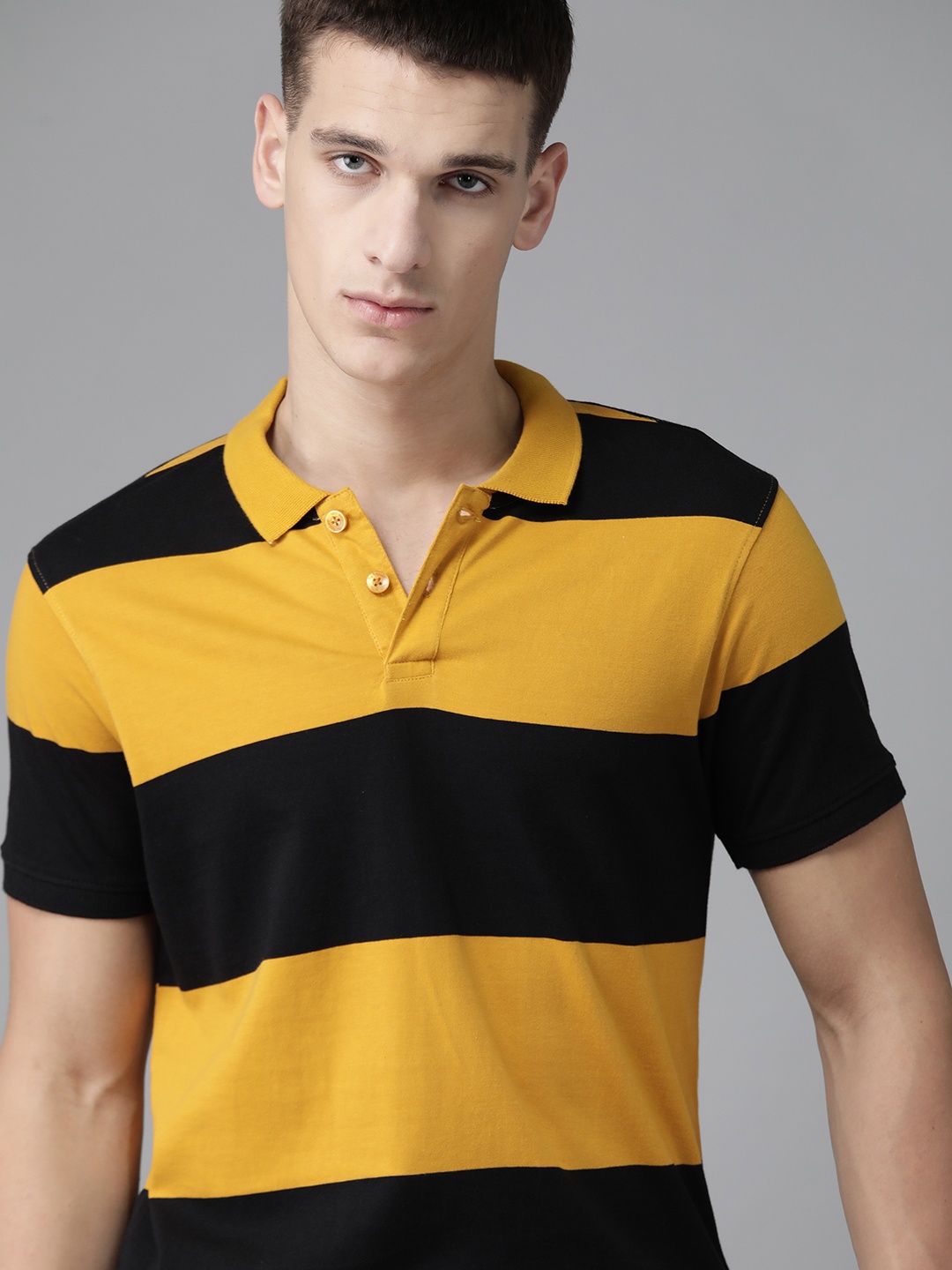 

Roadster Men Mustard Yellow Black Pure Cotton Striped Polo Collar Pure Cotton T-shirt