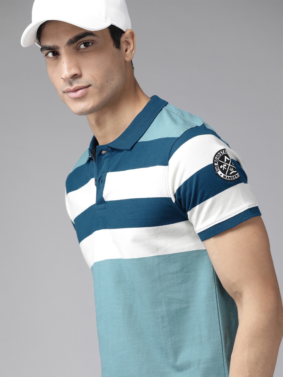 

Roadster Men Blue Pure Cotton Striped Polo Collar T-shirt