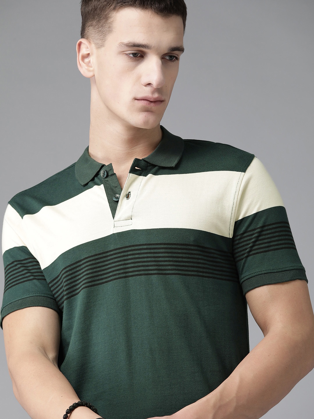 

Roadster Men Teal Green Off-White Colourblocked Polo Collar Pure Cotton T-shirt