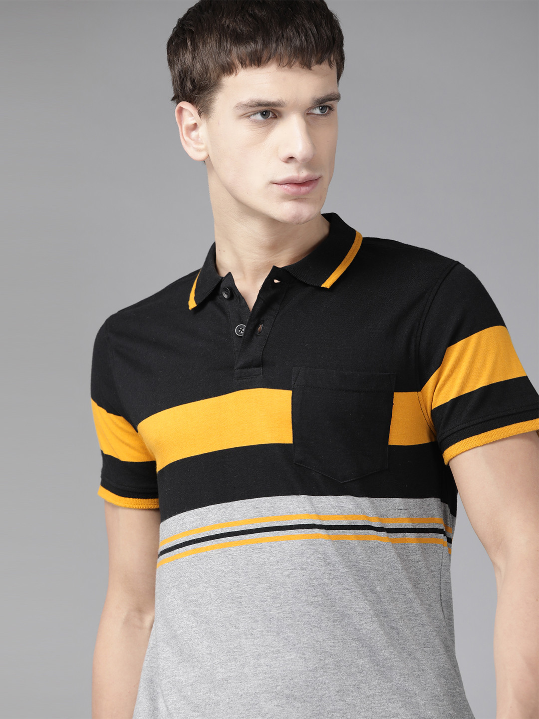 

Roadster Men Black & Grey Melange Pure Cotton Striped Polo Collar T-shirt