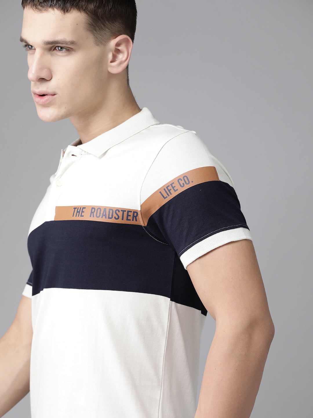 

Roadster Men Off-White Navy Pure Cotton Striped Polo Collar Pure Cotton T-shirt