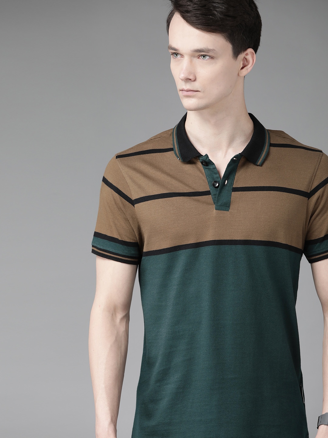 

Roadster Men Green & Brown Pure Cotton Colourblocked Polo Collar T-shirt