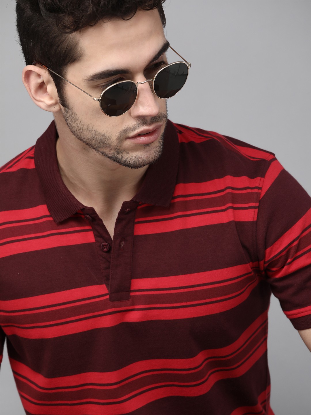 

Roadster Men Red Pure Cotton Striped Polo Collar Pure Cotton T-shirt