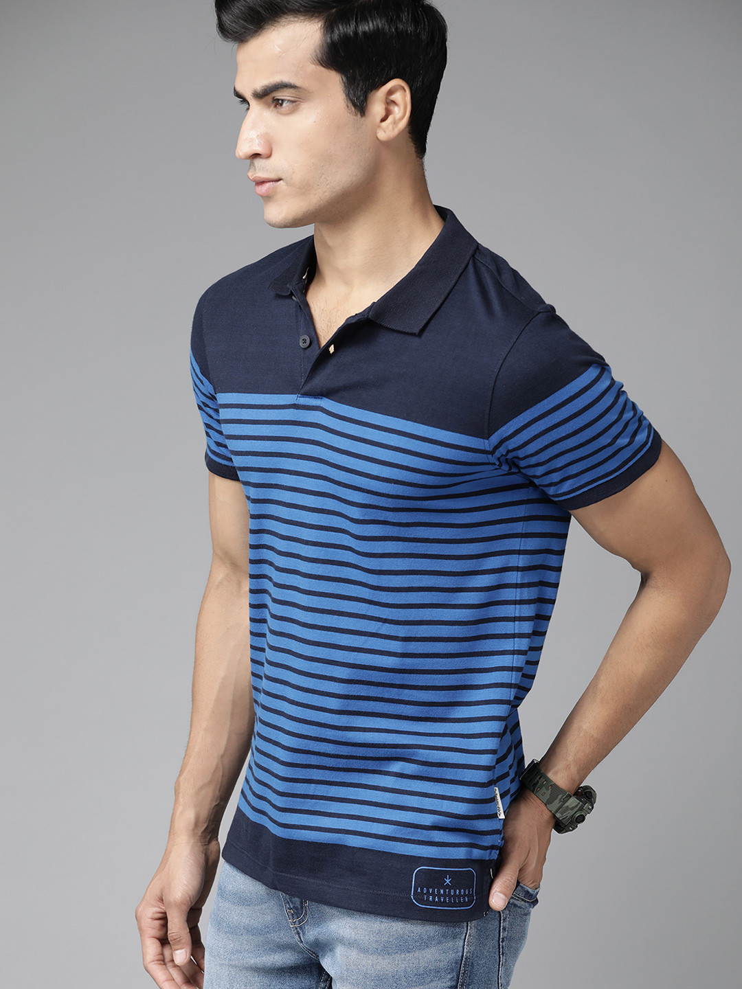 

Roadster Men Blue Pure Cotton Striped Polo Collar T-shirt